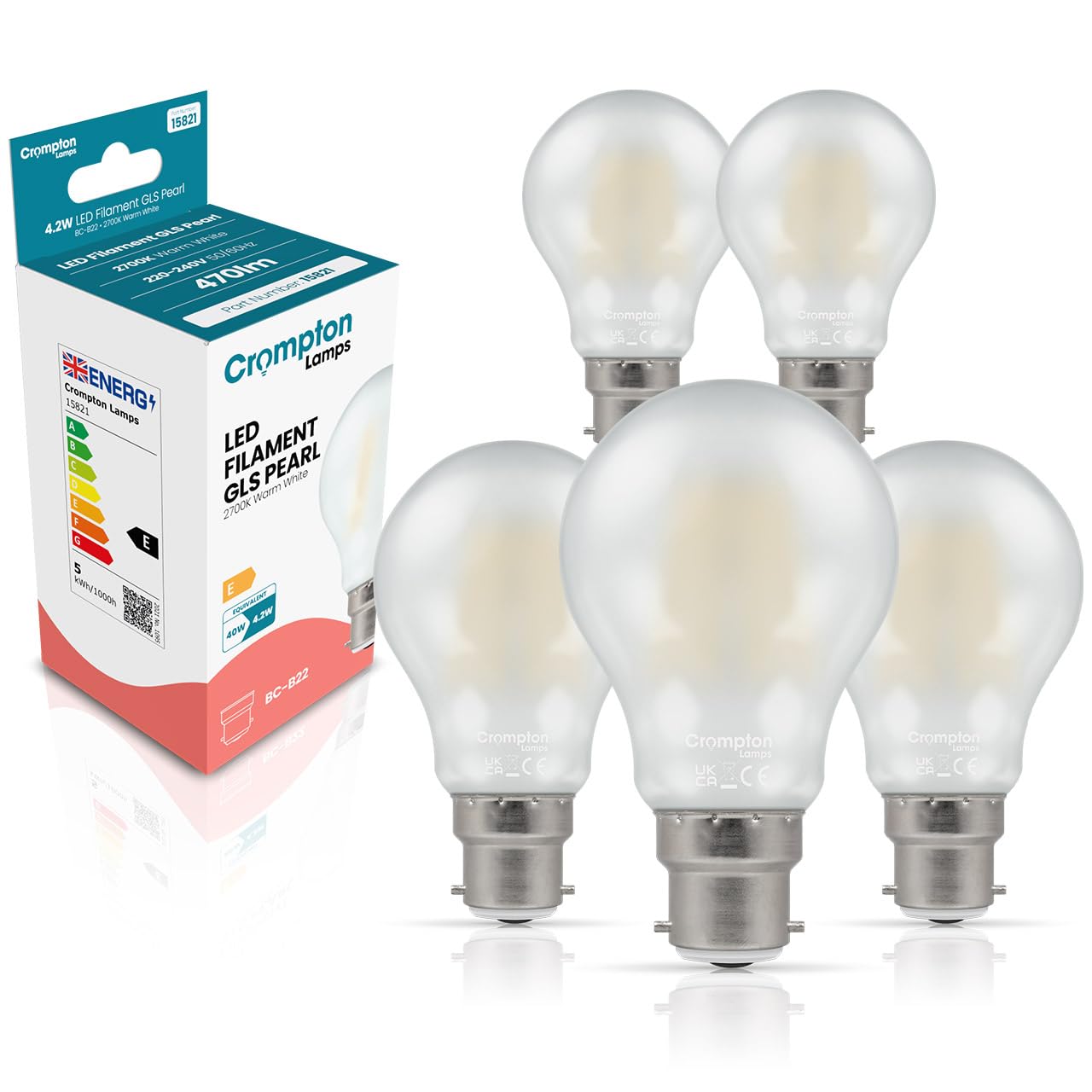Crompton Lamps Filament GLS LED Light Bulb BC-B22d | 4.2W = 40W Equivalent | Warm White 2700K | Energy Efficient | Bayonet Lightbulb | Long Life 15000-Hrs | Pearl Glass | 5-Pack