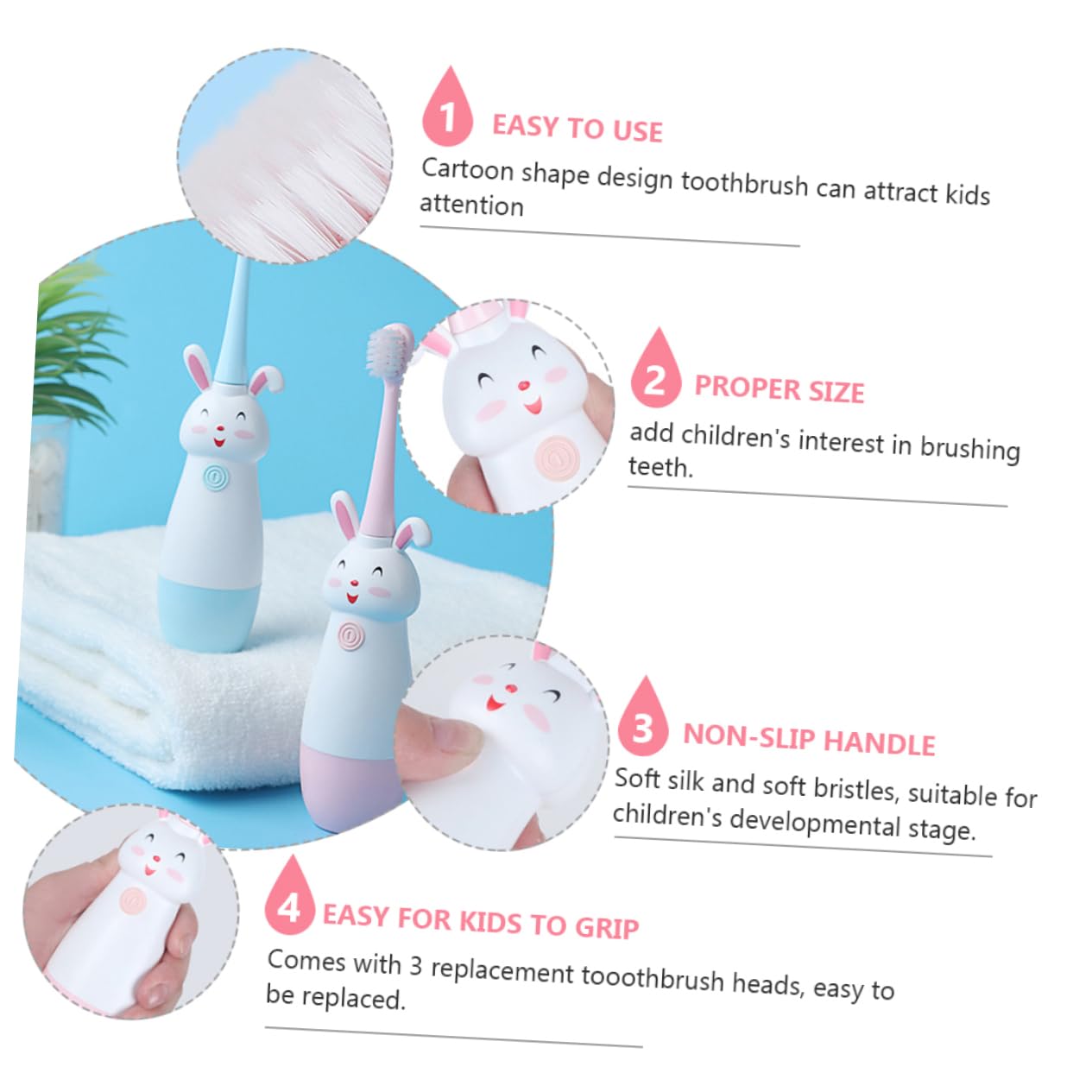 GALPADA 3 Juegos Cepillo Eléctrico Infantil Sónico Vibrante Rosa Cabezal y Cerdas Suaves para Residuos y Encías Sensibles Recambios