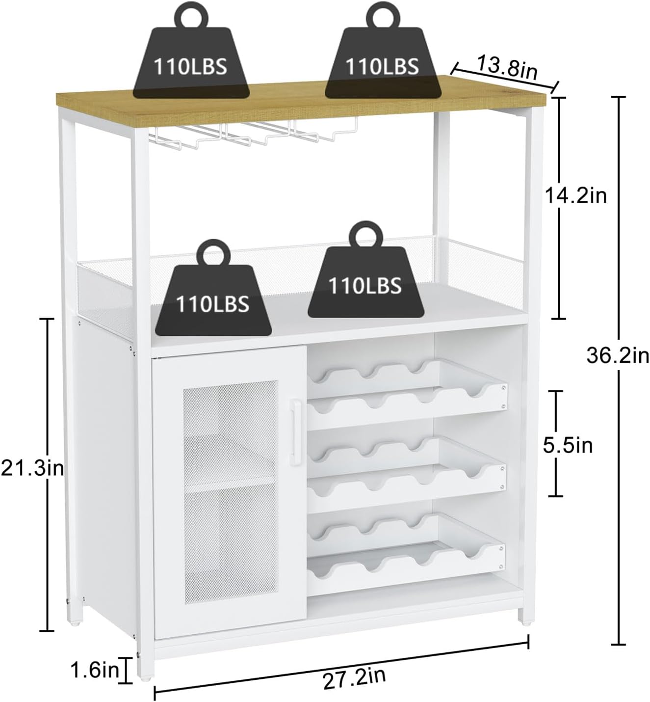 GAOMON Coffee Wine Bar Cabinet with Storage and Detachable Rack, Farmhouse Sideboard and Buffet Cabinet with Glass Holder and Mesh Door, Liquor Coffee Bar Cupboard, White