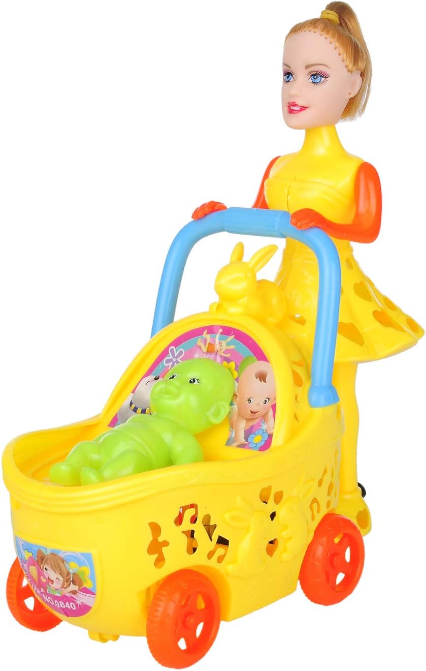 Aarushi Infant Kids Carriage Stroller Trolley Pull String and Go Toy with Baby (Color May Vary),Plastic,Pack of 1 set
