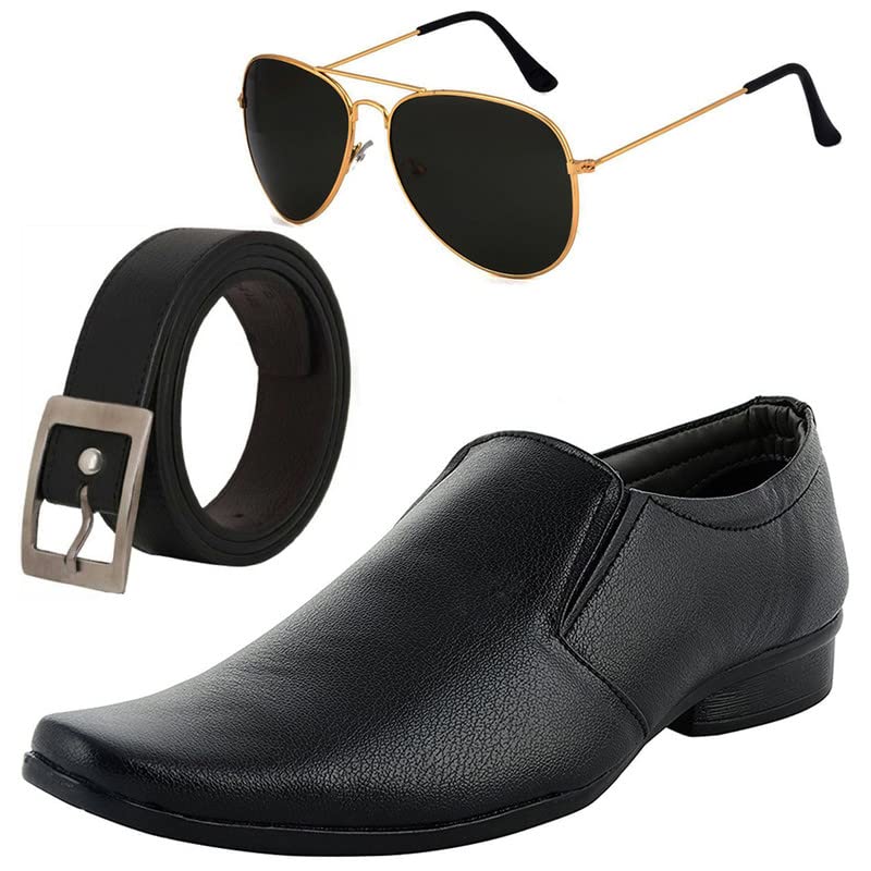Stylish & Fashionable Boys Formal Shoes with Free Belt & Unisex Black Avitor Sunglasses Combo-image-5