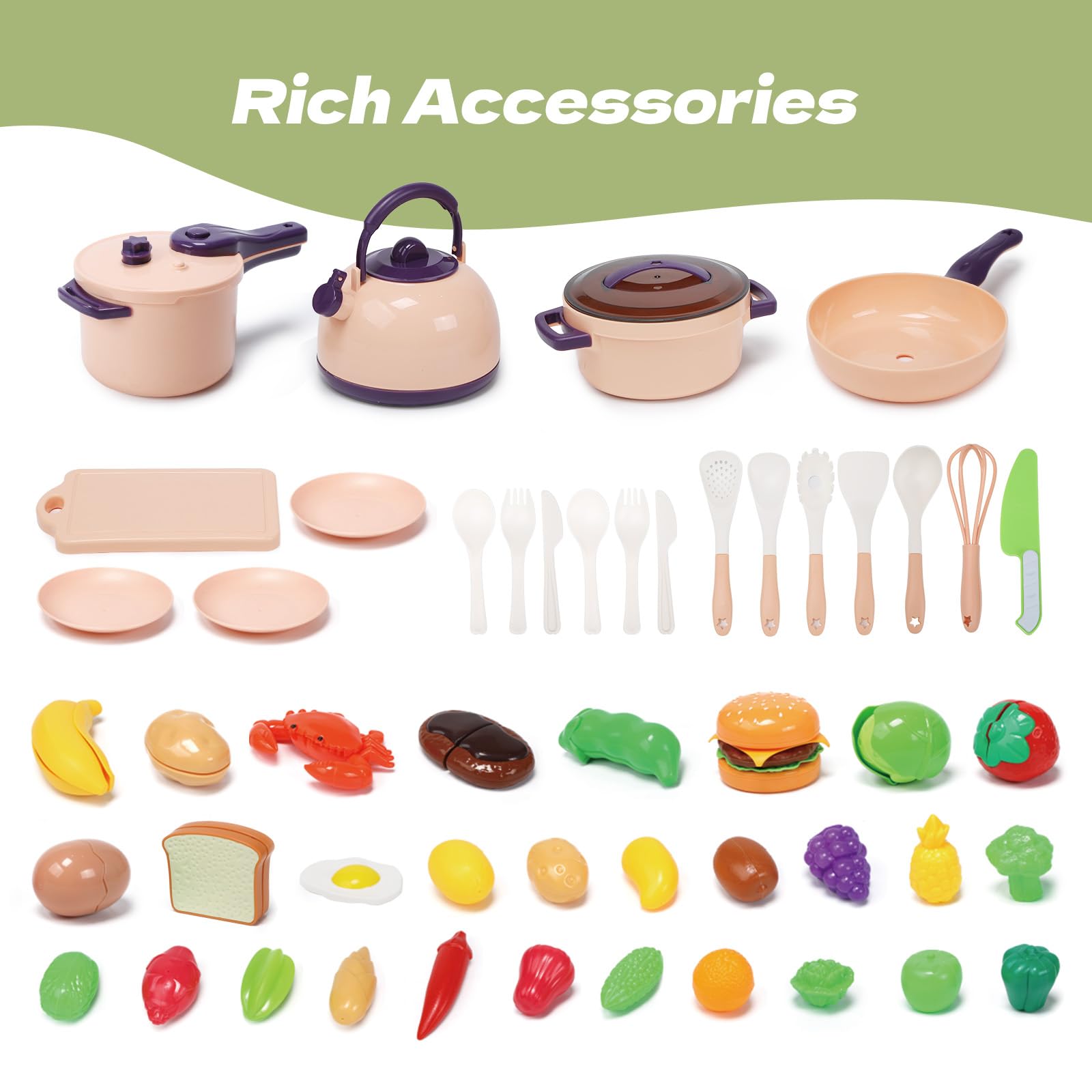 CUTE STONE Mini Accessoire Cuisine Enfant 51pcs, Jeu de Cuisine Imaginaire avec casseroles, poêles, ustensiles, Fruits et légumes à découper, Cadeau éducatif pour Tout-Petits, Filles et garçons.