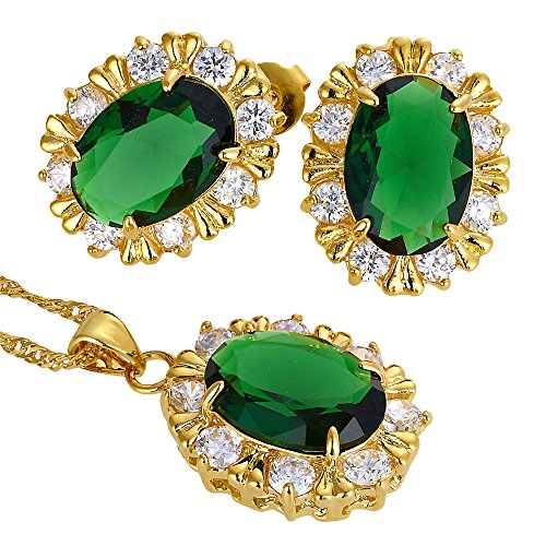 RIZILIA BLOSSOM Oval Cut Birthstone Jewelry Set for Women - May Simulated Green Emerald - 14K Yellow Gold Plated Pendant Necklace Stud Earrings, 18"+2" Chain - Gift Boxed for Her, Mother