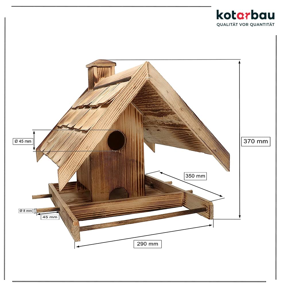 KOTARBAU® Comedero para pájaros de Madera, 37 x 29 cm, Dispensador de Comida, Casa para Aves, Casita de Madera flameada, + 0,5 Kilo de pienso Incluido