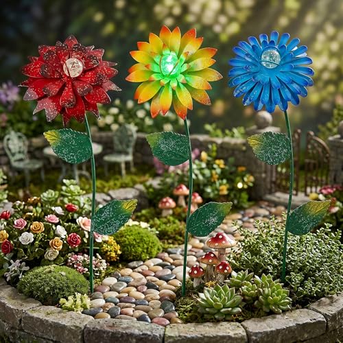 TZSSP 14 Inch Glow in The Dark Flower Garden Stakes, 3 Pack