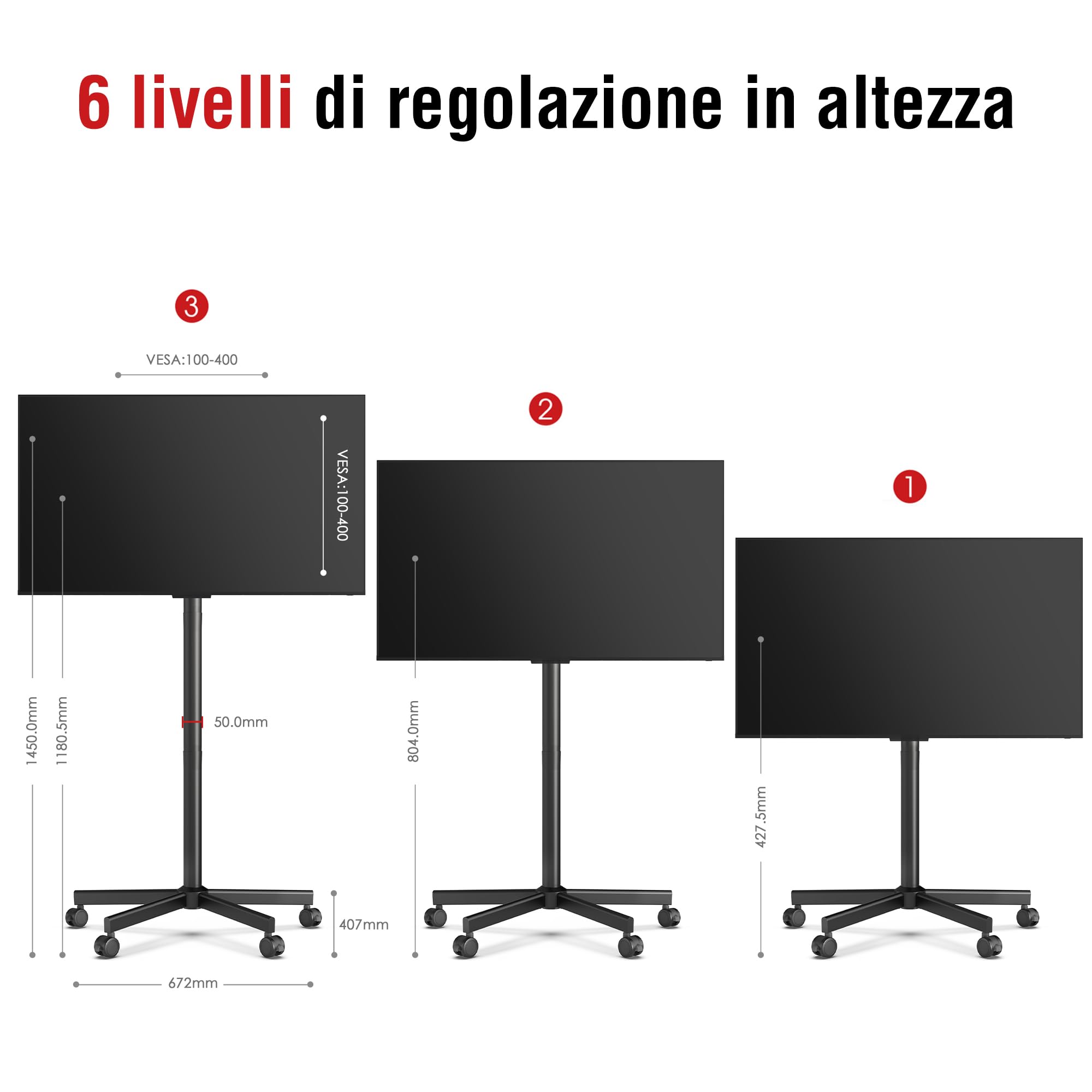 AOKCOS Carrello Porta TV 32-65 Cali, Supporto TV da Pavimento Regolabile, Inclinabile, VESA 400x400mm 40kg