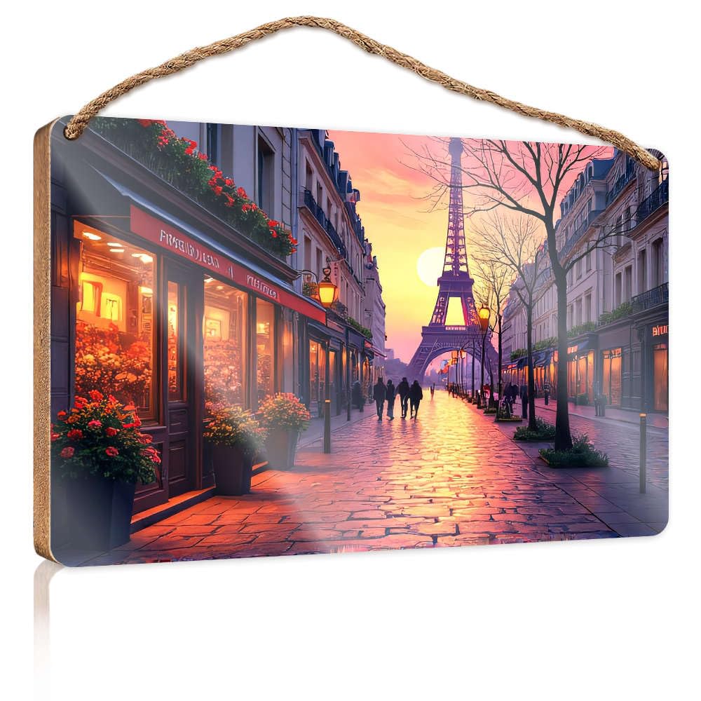 Bathroom Hanging Decor A Picturesque Street In Paris With The Eiffel Tower In The Background. Camper Decor Fall Porch Decor(23X35CM)