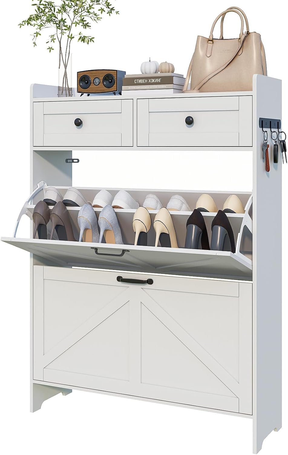 Viaozutis Shoe Cabinet with 2 Flip Drawers & 2 Storage Drawers, Space-Saving Shoe Storage Cabinet with Adjustable Shelf for Entryway or Hallway, Farmhouse Shoe Organizer Holds Up to 20 Pairs White