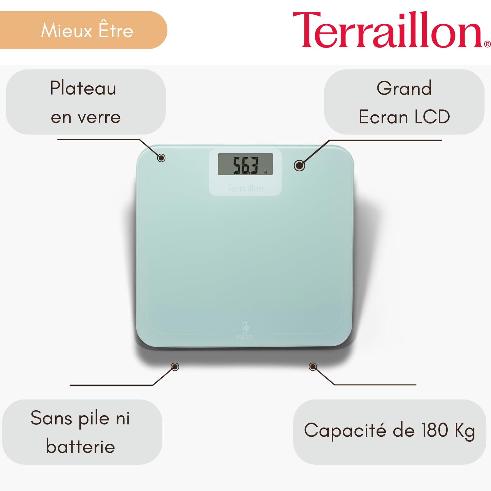 TERRAILLON Balance Pese Personne sans pile ni batterie POWER FREE | Ecologique, Energie par Dynamo, Capacité 180 Kg, Graduation 100g, Ecran LCD, Plateau 30x28 cm en verre, Emballage recyclé