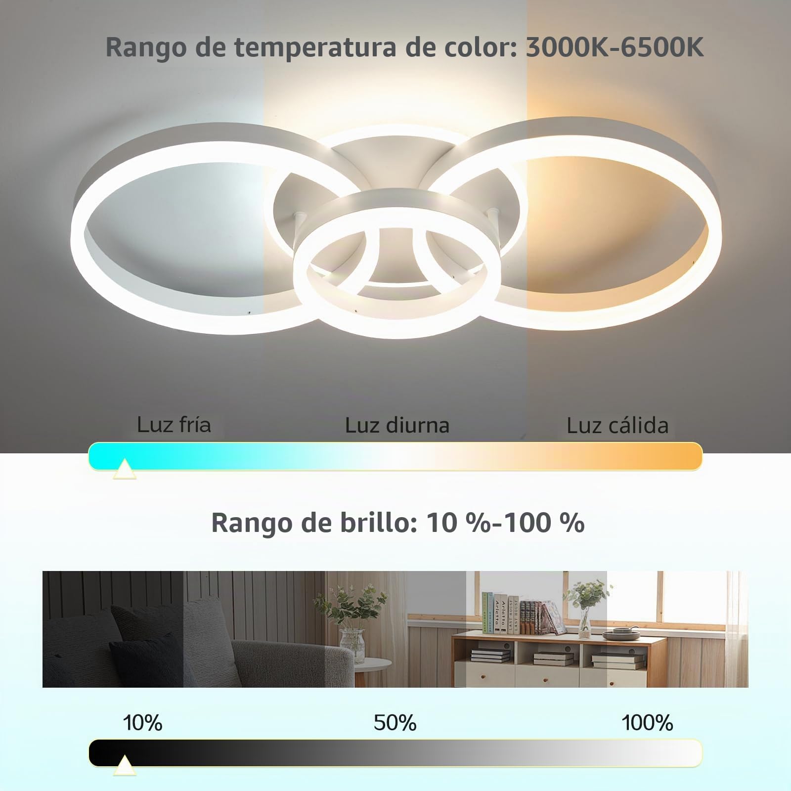 Lámpara de techo regulable con mando a distancia, 65 cm, 50 W, diseño moderno de 3 anillos, lámpara de techo LED para salón, dormitorio, cocina, luz nocturna, función de memoria, color blanco