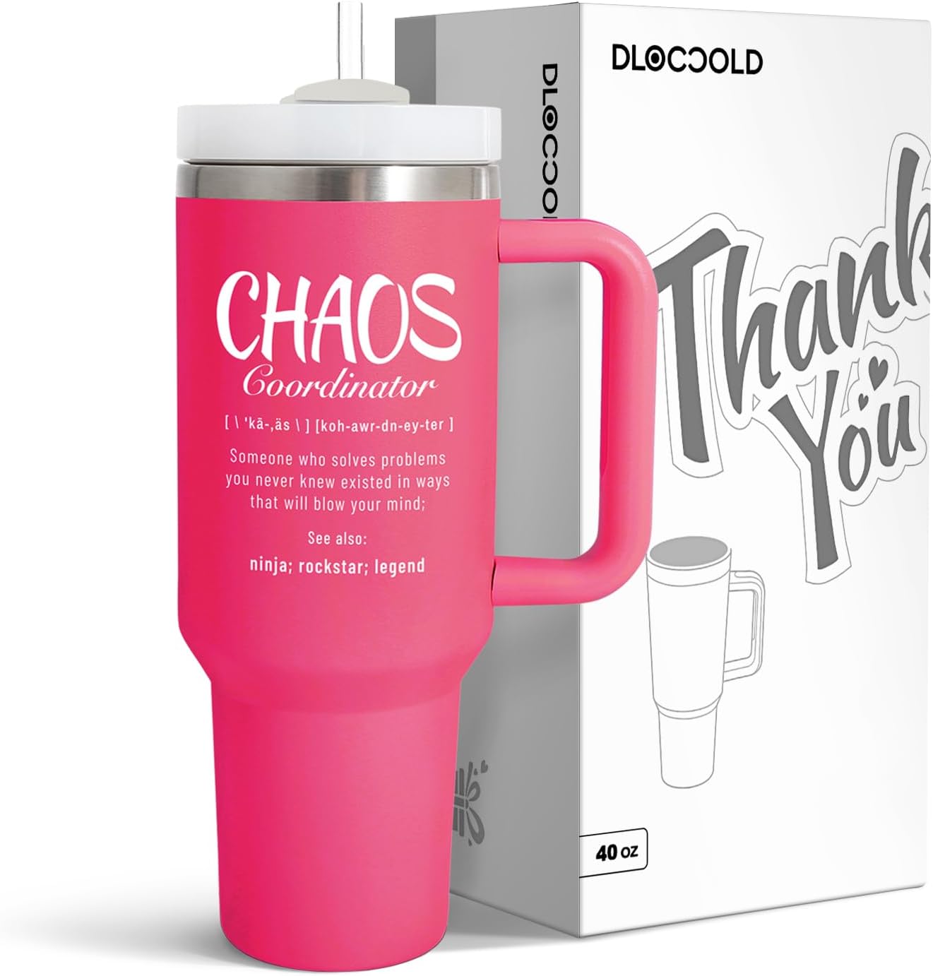 DLOCCOLD Chaos Coordinator Tumbler, Boss Lady Gifts for Women, Coworker Gifts for Women, Inspirational Thank You Gifts for Boss, Teacher, Manager, Mom, 40oz Tumbler with Handle, Hot Pink