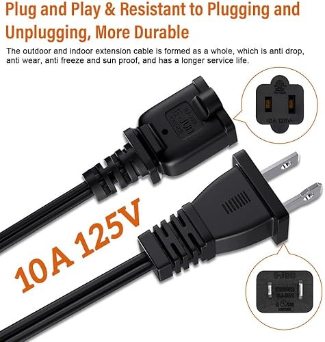 Miniatura 9 de Cable de alimentación de CA, (2.0 ft), adaptador de cable de extensión de 2 clavijas de 125 V 10 A, salida de EE. UU., enchufe macho de 2 clavijas a
