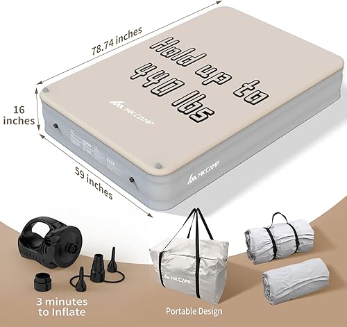 Miniatura 4 de micoe Colchón de aire de espuma viscoelástica para camping, colchón de aire Queen de 16 pulgadas de altura para campamento, inflable de inflado