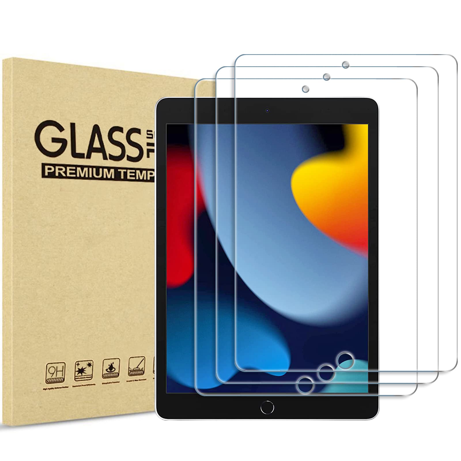 ProCase 3 Pack Screen Protector for iPad 10.2 Inch 9th / 8th / 7th Generation 2021 2020 2019, Tempered Glass Screen Film Guard for iPad 7 / iPad 8 / iPad 9 -Clear