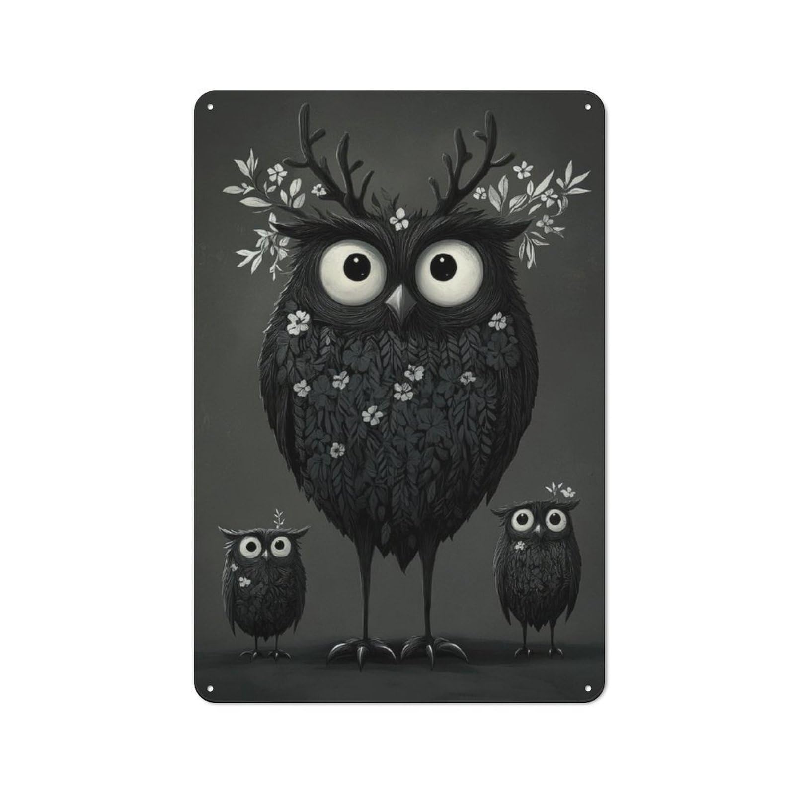 Junmoney Black And White Owl Family Rustic Metal Sign 30X20cm For Hallway Wall, For Collectors Of Rustic Metal Wall Decor