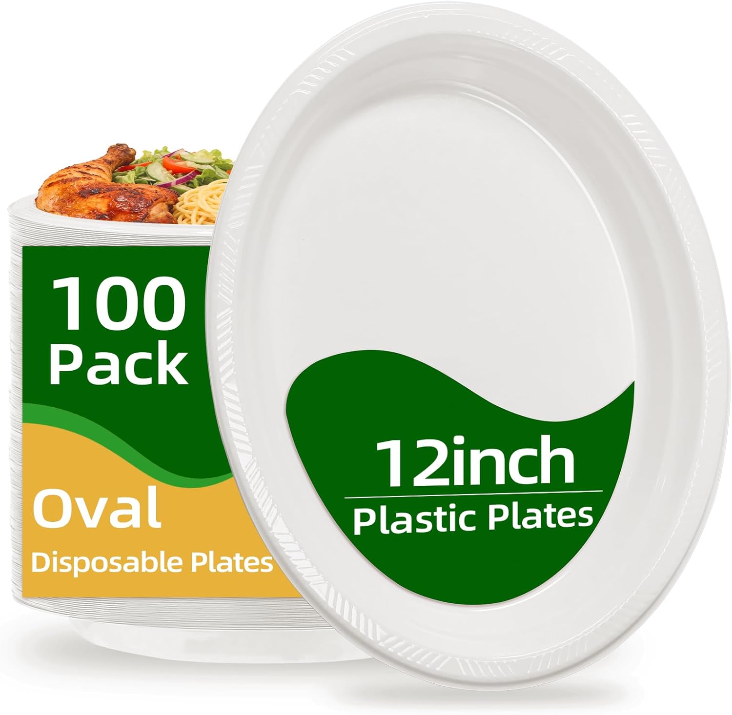 Oval White Plastic Plates for Easter, Graduation, World Cup, 4th of July, 100 Count Disposable Plates for Parties, Picnics & Outdoor Celebrations (10" x 12")