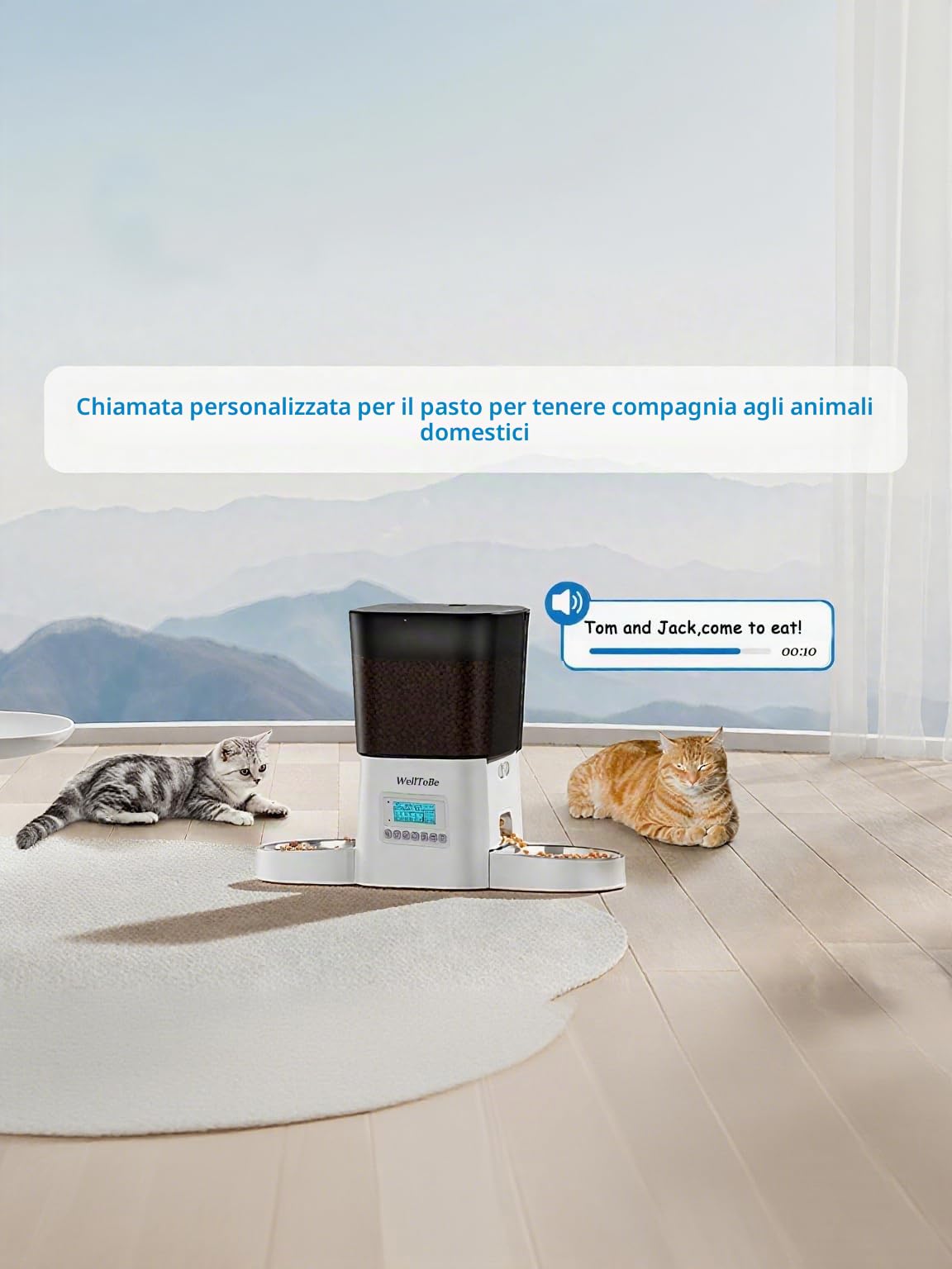 Distributore Automatico Cibo Gatti con 2 Ciotole,3.5L Timer Programmabile Dispenser Crocchette Gatto,1-6 Pasti al Giorno,Audio Personalizzato 10s,Doppia Alimentazione