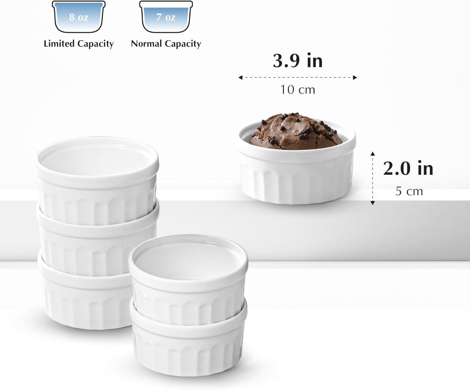 Minh Long Ramekins 6 oz Oven Safe,Porcelain Ramekin for Baking, Creme Brulee Ramekin Bowls Set of 6, Mini Baking White Ramekins 6 ounce, Kitchen Cookware Gifts for Men Women