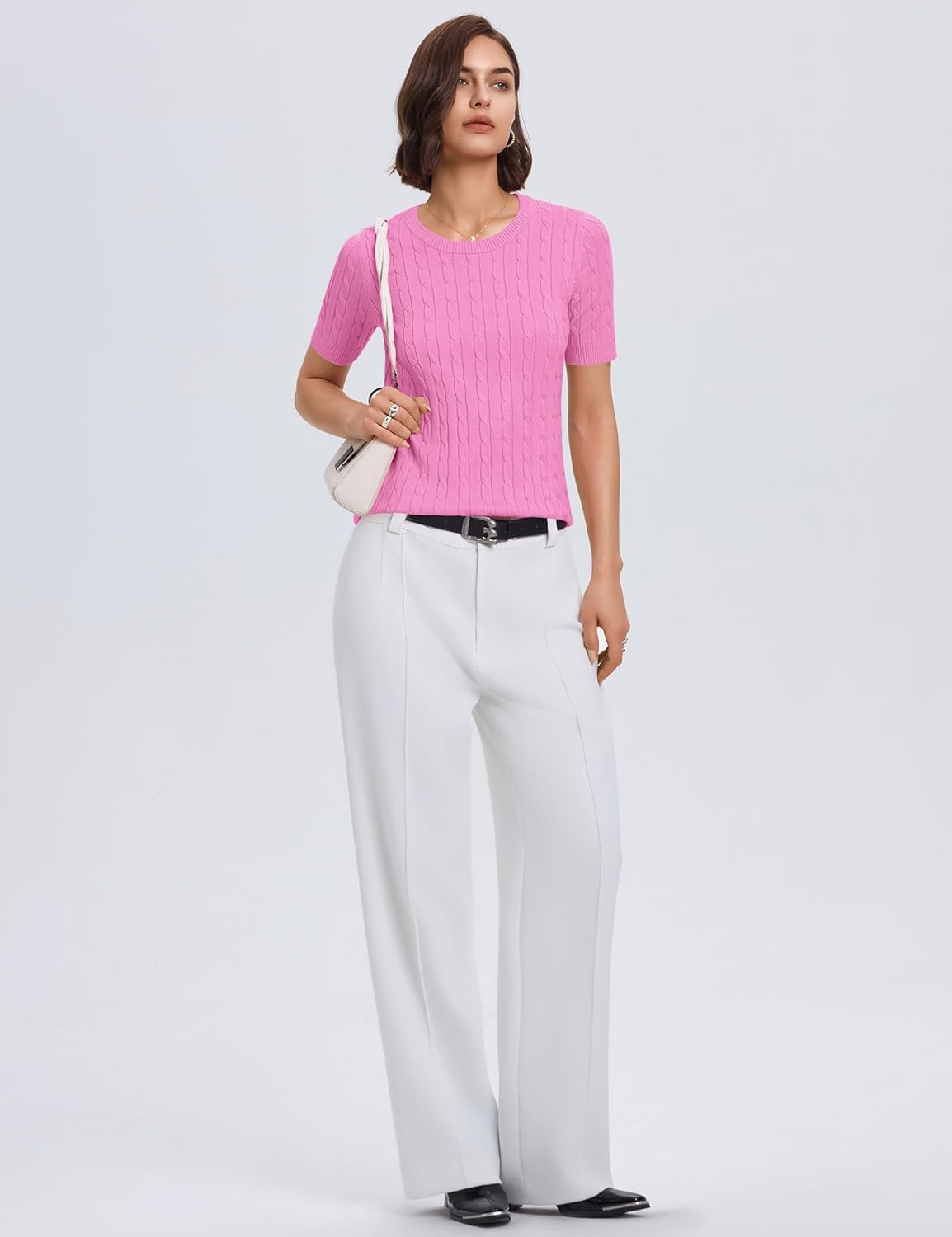 Micoson Womens Short Sleeve Cable Knit Sweater Tops Crewneck Lightweight Spring Summer Shirts Business Dressy Casual Outfits - Image 5