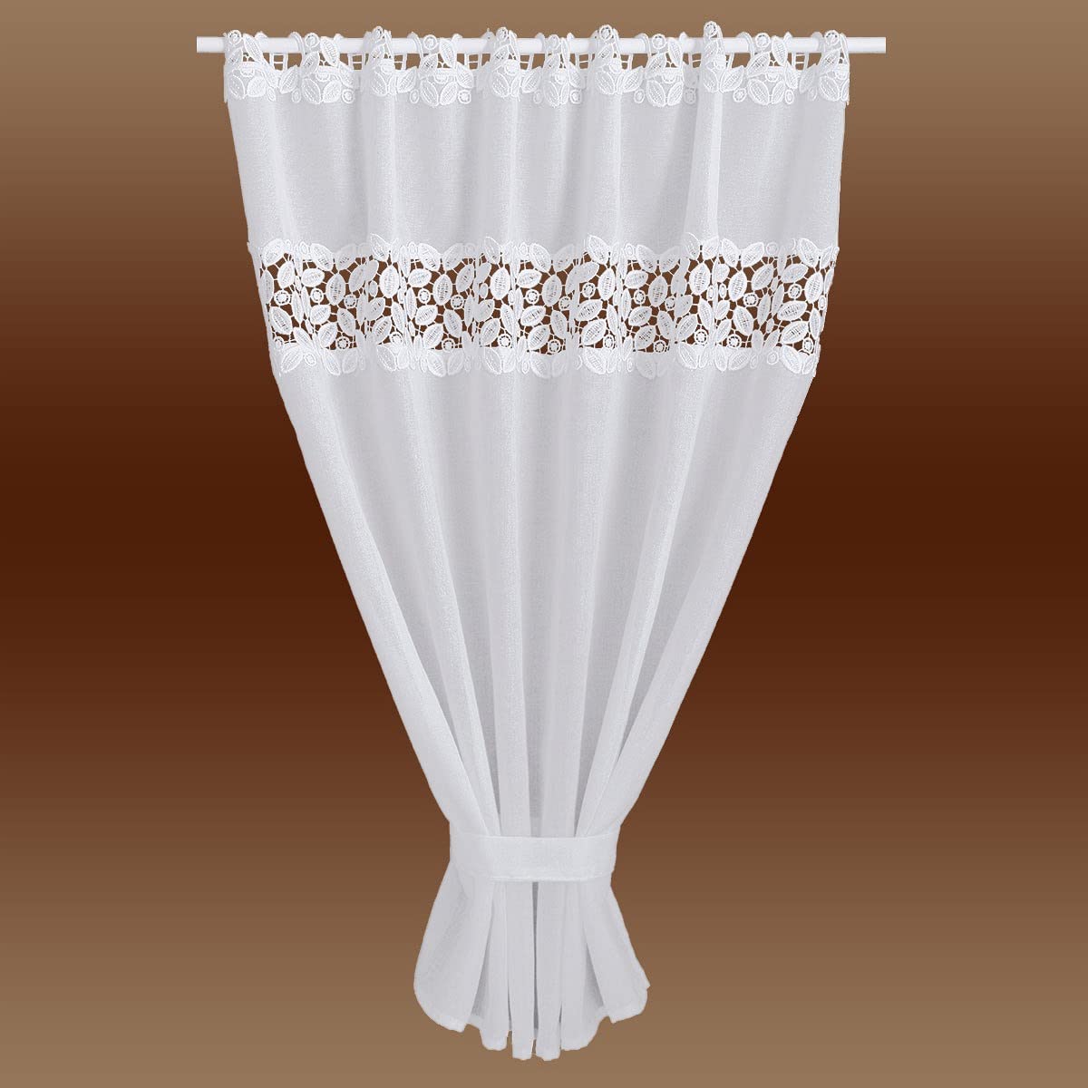Scheibenhänger Carmelita Vogtländische Spitze mit Raffhalter | modern geraffter Sockelstore weiß Blätterdesign | Flächengardine handgefertigt | Kurzgardine Sockelstore Höhe x Breite 120 x 90 cm