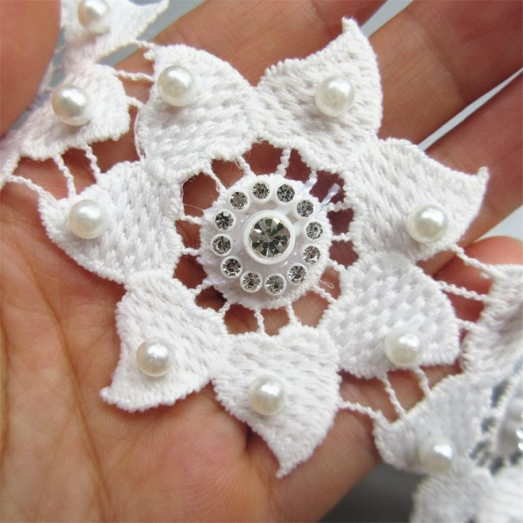 Sun Flower Pearl Lace Edge Trim Ribbon Embroidered Applique Sewing Craft Wedding Dress Clothes (White 5.7cm Width)