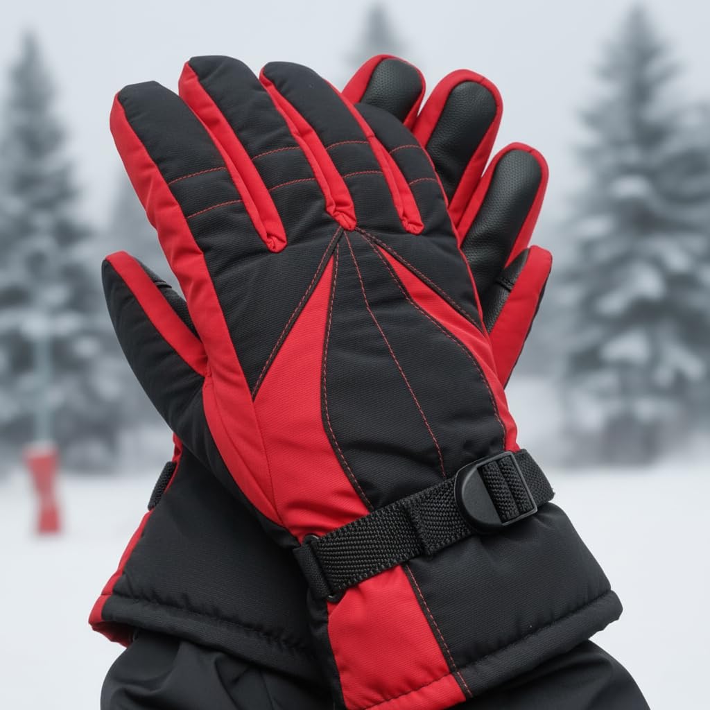 Tomorrow Fashion Unisex Winter Gloves - Waterproof Thermal Outdoor Cold Weather Gear for Men Women - Adjustable Strap (Red) 2