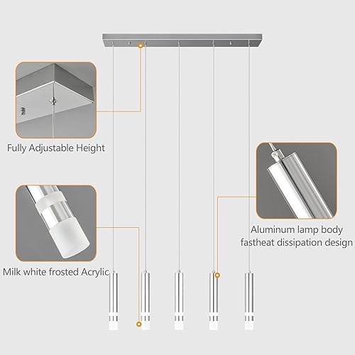 Miniatura 4 de LIANGMH Lámpara colgante moderna de 5 luces para cocina, regulable, LED, cromada, mini iluminación colgante para isla de cocina, comedor, estudio,