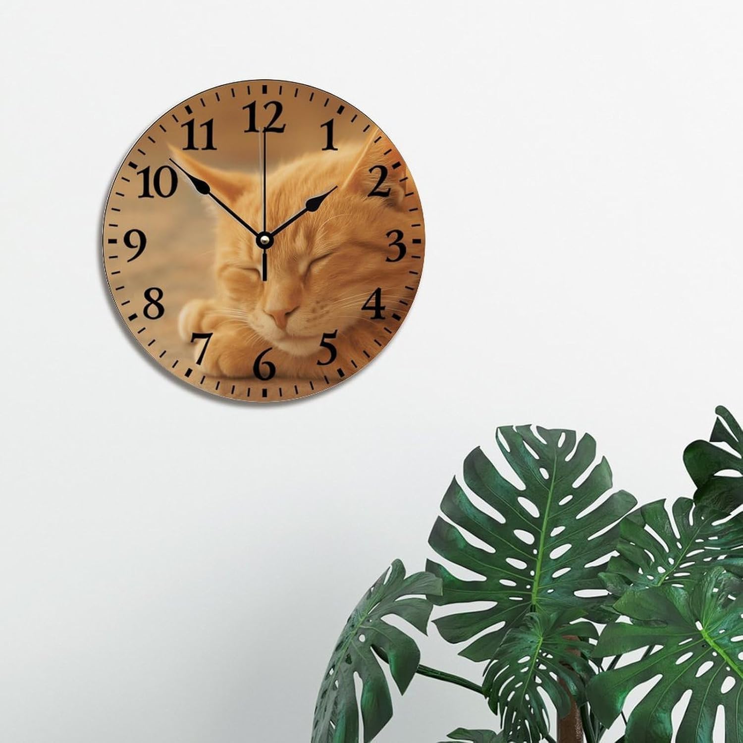 ArogGeld Kitten Cat Large Wooden Wall Clocks Battery Operated 12 Inch Silent Sleeping Orange Tabby Cat Time Clock Modern Wall Art Farmhouse Home Decor for Living Room Kitchen Bedroom Office