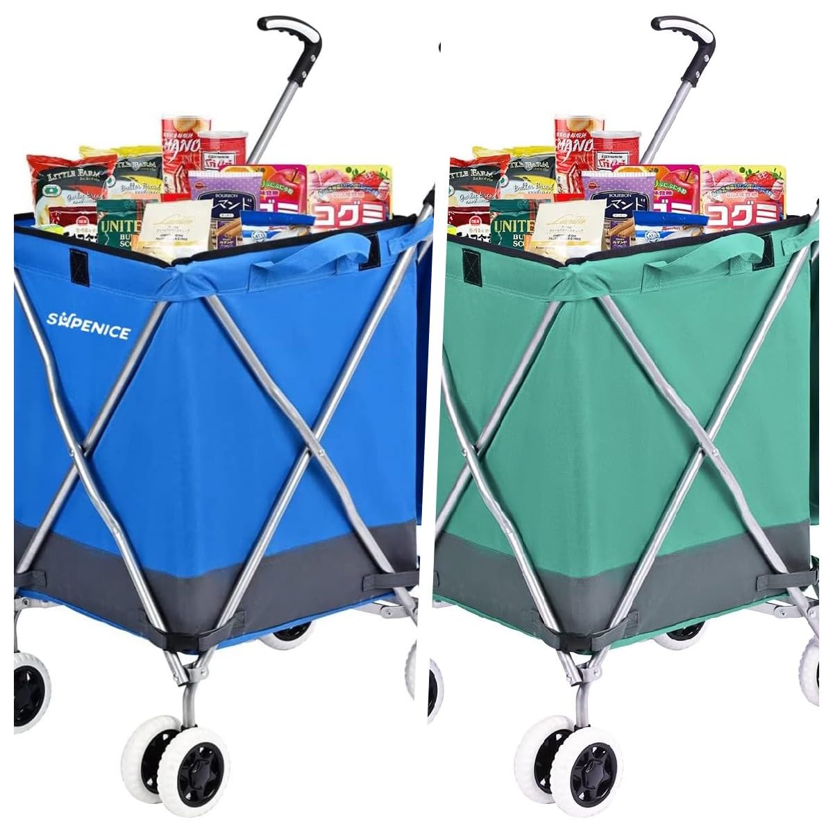 supeniceFolding Grocery Shopping Cart Rolling Utility Cart with 360° Double Front Swivel Wheels Waterproof Removable Canvas Bag with Cover for Laundry Grocery, Shopping, Baggage, Picnic