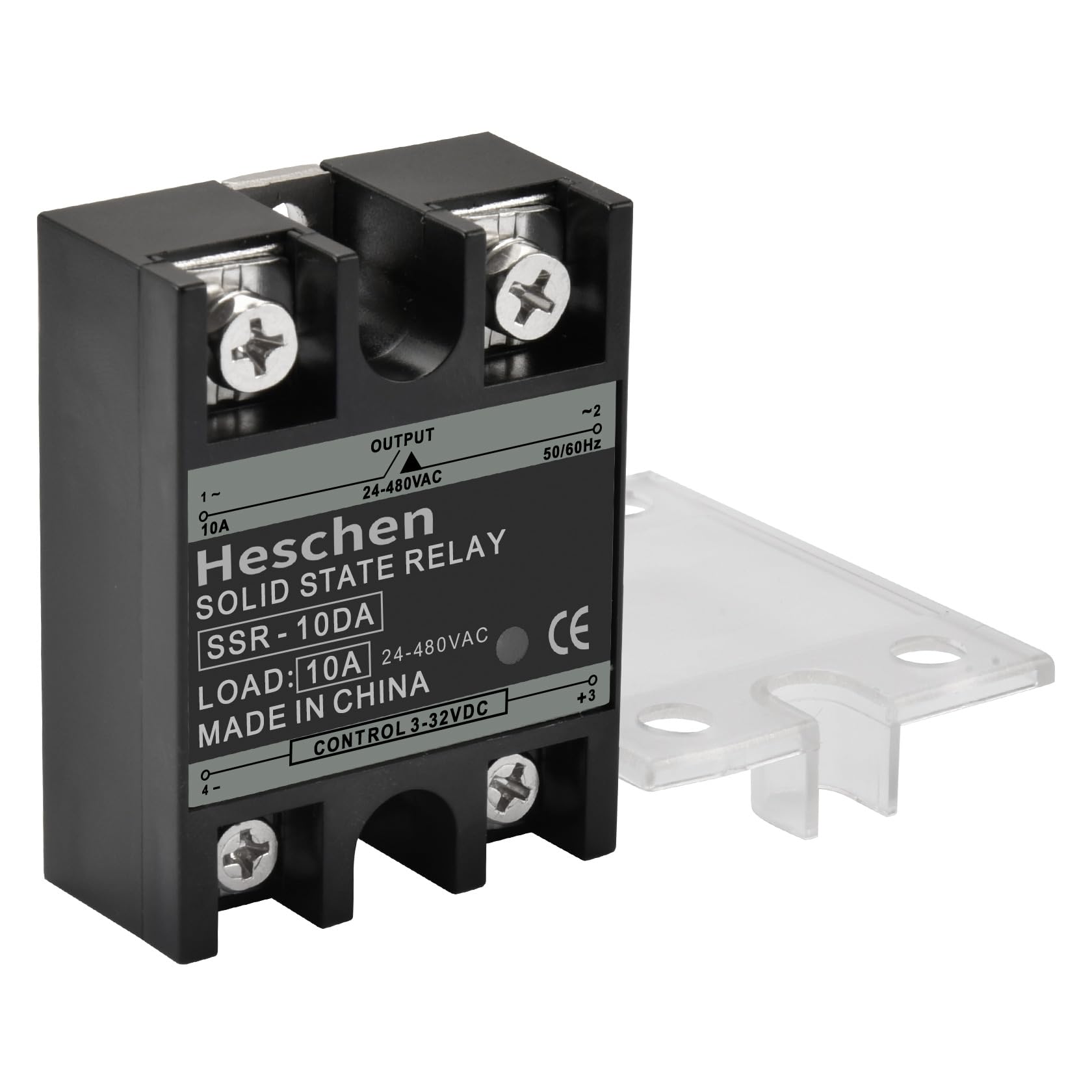 Heschen Jednofazowy przekaźnik statyczny DC/AC, SSR-10DA, wejście 4-32 VDC, wyjście 24-480 VAC, 10 A 50-60 Hz