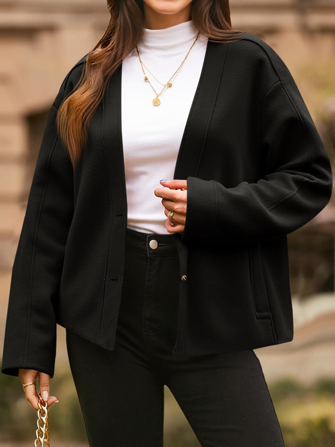 Yousify Womens Cropped Wool Blend Pea Coat Casual V Neck Button Down Short Jackets Fall Shackts with Pockets - Image 2