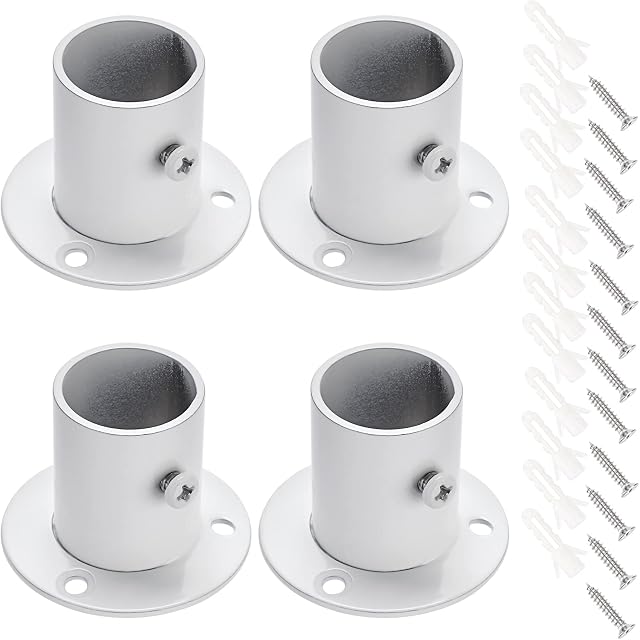 IGNPION 4 pcs Curtain Pole brackets Closet Rail Support Bracket Rod Socket Flange Set Stainless Steel Wardrobe Rod End Supports for Closet Shower Curtain (White)