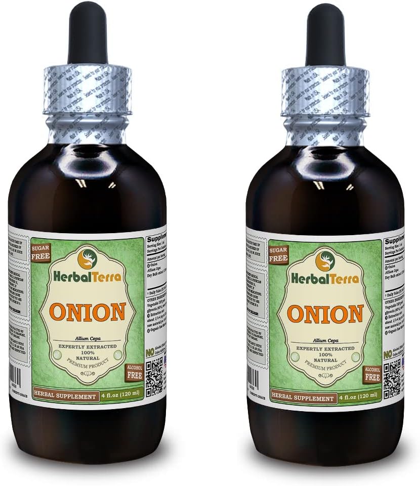 Onion (Allium Cepa) Glycerite, Organic Dried Bulb Alcohol-Free Liquid Extract (Brand Name: HerbalTerra, Proudly Made in USA) 2x4 fl.oz (2x120 ml)