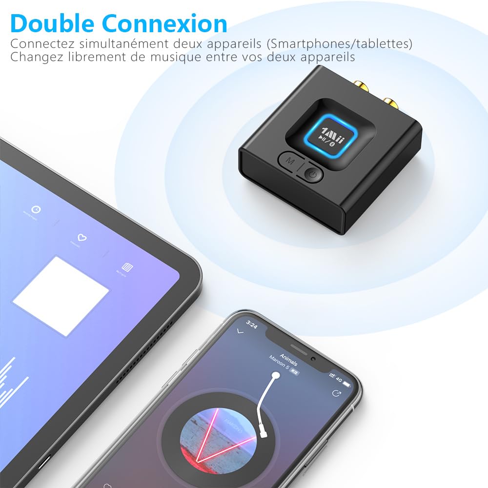 1Mii ML201 Récepteur Bluetooth 5.1, Modernisez Votre Ancien Système Audio | Adaptateur Bluetooth 3,5mm/RCA, Streaming Hi-Fi sans Fil depuis Mobile/Tablette vers Enceinte Filaire, 12H Lecture, Mode Bass