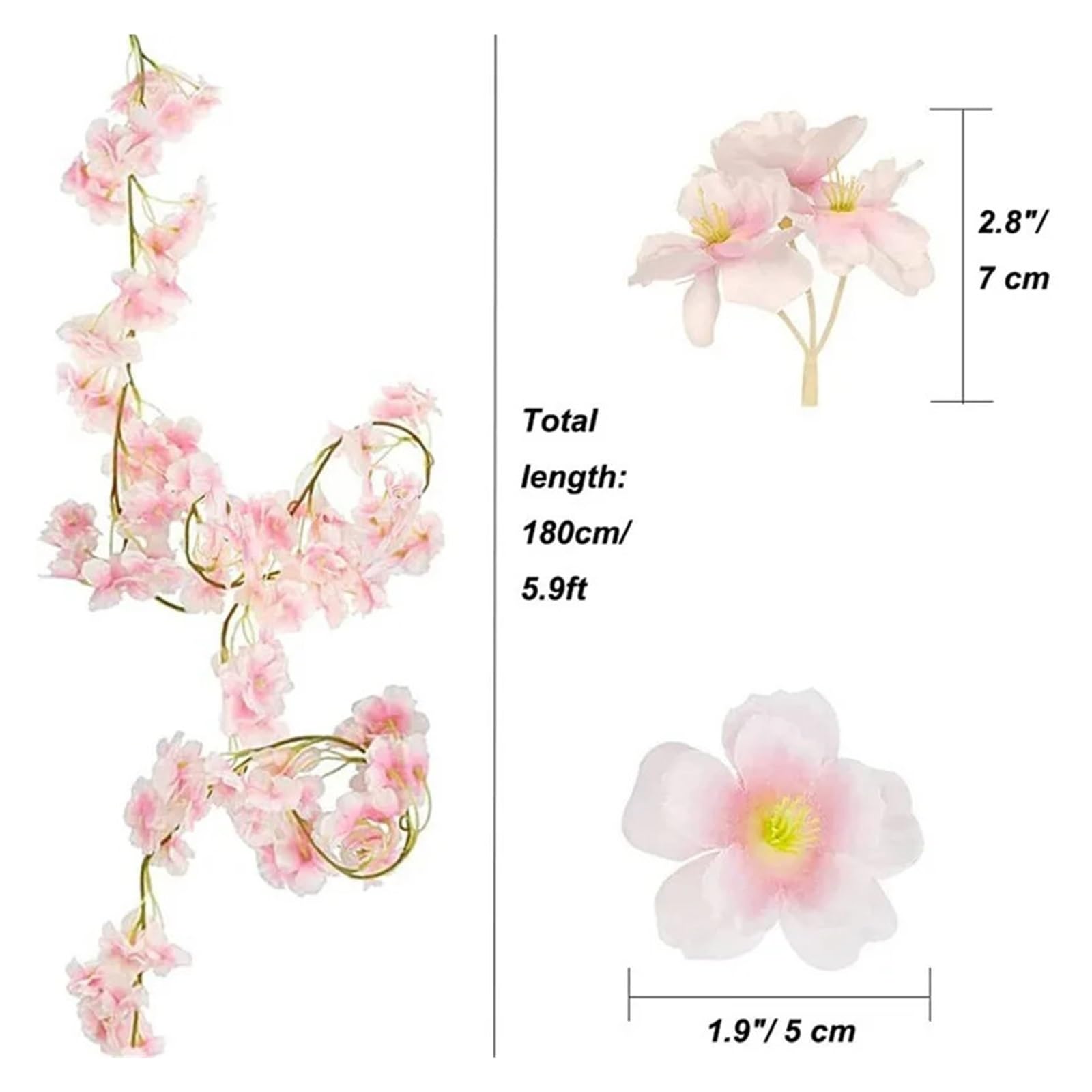 Künstliche Kirschblütenrebe | Mehrfarbig, 180 cm, 1/2 Stück, Gartenhintergrund: Blumendekor(Dark Pink,2pcs)
