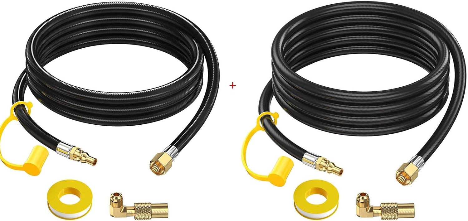 7 FT &12FT RV Propane Quick Connect Hose to Grill, BBQ Quick Release LP Gas Line for Camp Chef Stove, Pit Boss Burner-1/4 Male Plug x 3/8 Female Flare-with Elbow Adapter for Blackstone 17"22"