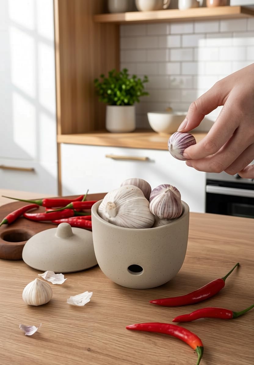 Ceramic Garlic Keeper,Garlic Storage with Lid,Garlic Holder,Beige,Small