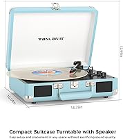 Vista 8 de Tocadiscos de maleta Bluetooth con altavoces integrados, control de graves y agudos, tocadiscos de 3 velocidades con parada automática, reproductor