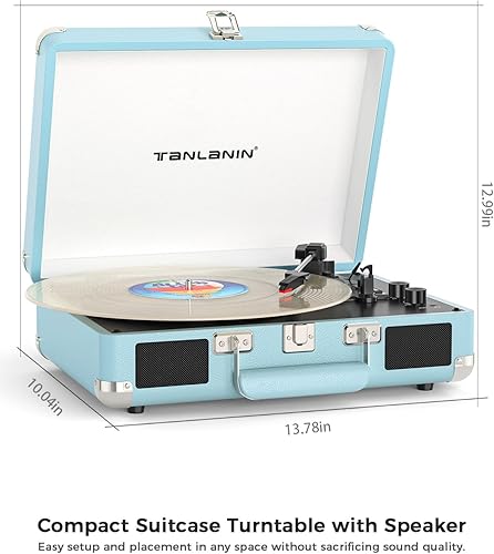 Miniatura 8 de Tocadiscos de maleta Bluetooth con altavoces integrados, control de graves y agudos, tocadiscos de 3 velocidades con parada automática, reproductor