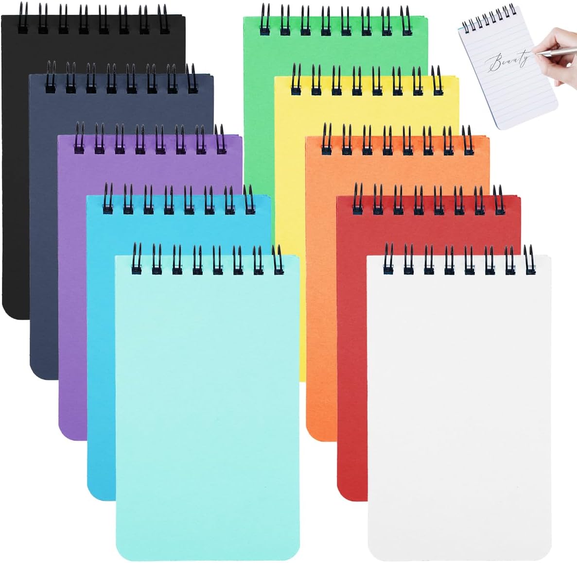 Pack of 10 spiral notepads, A7, mini notepad, lined pocket notebook with grid, coloured, 10 colours, memo pads, colourful notepads, A7, small with spiral binding for memos, office, learning, home