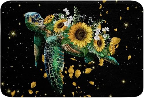 KXO Alfombras de baño de tortuga marina, alfombra de área de girasol, flores, cielo estrellado, floral, galaxia, alfombra de baño con purpurina de
