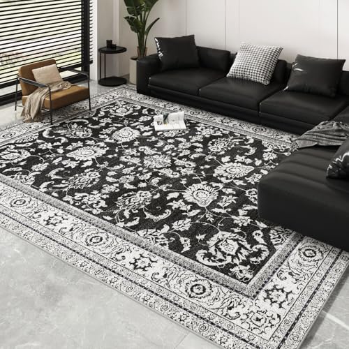 Tapete Floral Lavable 5x7 ft Negro Blanco