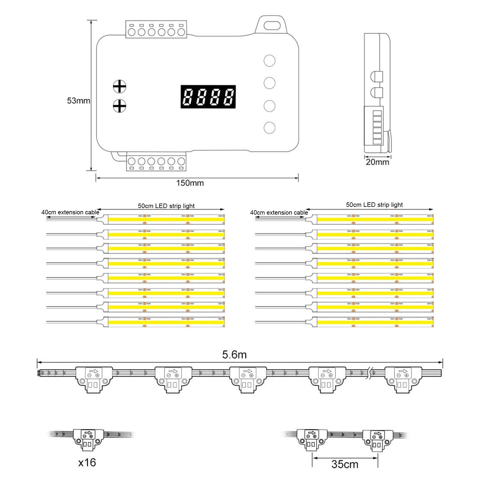 LED-Treppenstufenbeleuchtung, 12V/24V 16 Schritte RL-STEP-05 Dynamisch LED Treppenbeleuchtungssteuerung Komplettset mit 100W Netzteil und COB Lichtleiste, Hauptstrecke (Warm White 2700K)