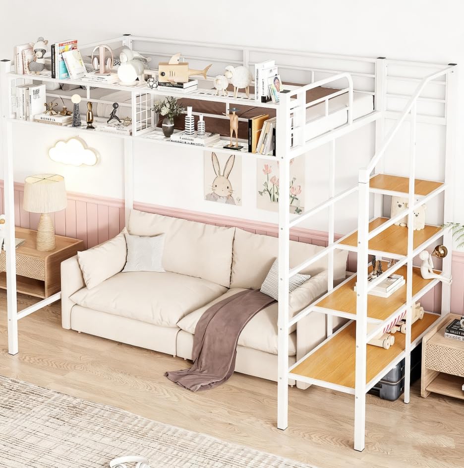 Image of Bellemave Twin Size loft Bed with Storage Stairs and Upper Grid Storage Shelf, Metal Twin Loft Bed Frame for Adults, Kids, Teens, White