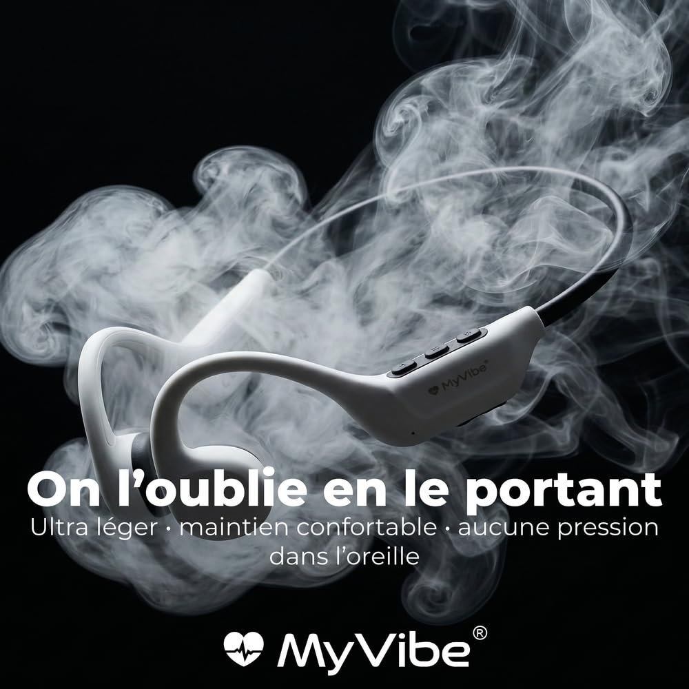 MYVIBE is Powerful Casque à Conduction Osseuse Sport Bluetooth - Écouteurs Oreilles Libres IPX5 Étanche, 9H Autonomie, Ultra Léger 28g - Idéal Running, Randonnée, Fitness & Urbain (Blanc)