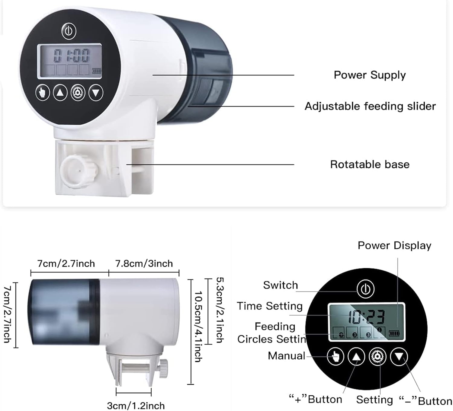 Automatic Fish Feeder for Aquariums Fish Tank, Auto Fish Food Dispenser USB Rechargeable with Feeding Time Display, Moisture Proof Electric Fish Feeder for Weekend & Holiday