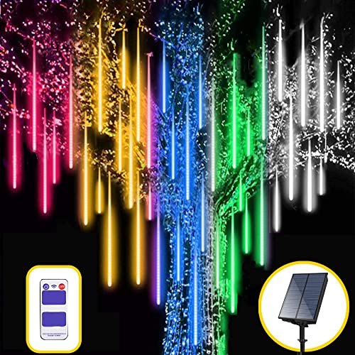 Roytong Solar Remote Meteor Shower Rain Lights, 30cm 8 Tubes 288 LED Falling Raindrop Fairy String Light, Icicle Lights Outdoor for Christmas Party Patio Decor (Multi-Colored)