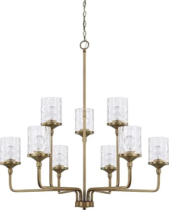 HomePlace Lighting 428891AD-451 Colton Urban/Industrial Clear Water Glass Chandelier, 9-Light 900 Total Watts, 40" H x 38" W, Aged Brass
