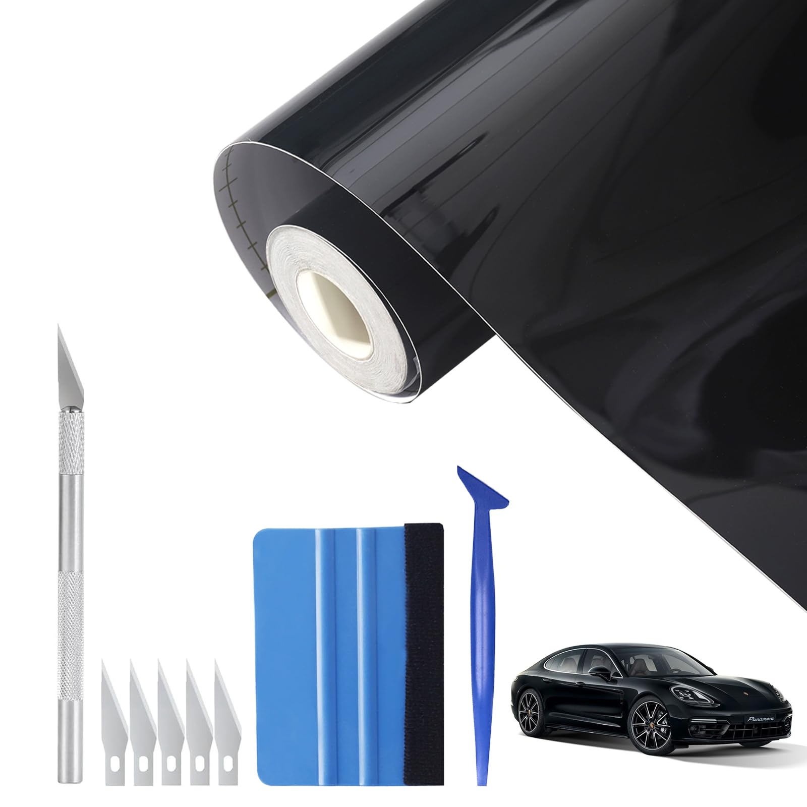 30 x 300 cm Autofolie Schwarz Glänzend, Selbstklebend, Wasserdicht und Blasenfrei, Autofolie Matt Schwarz für Autos, Motorräder, Fahrräder, DIY Inklusive 4 Schneide und Anbringungswerkzeugen