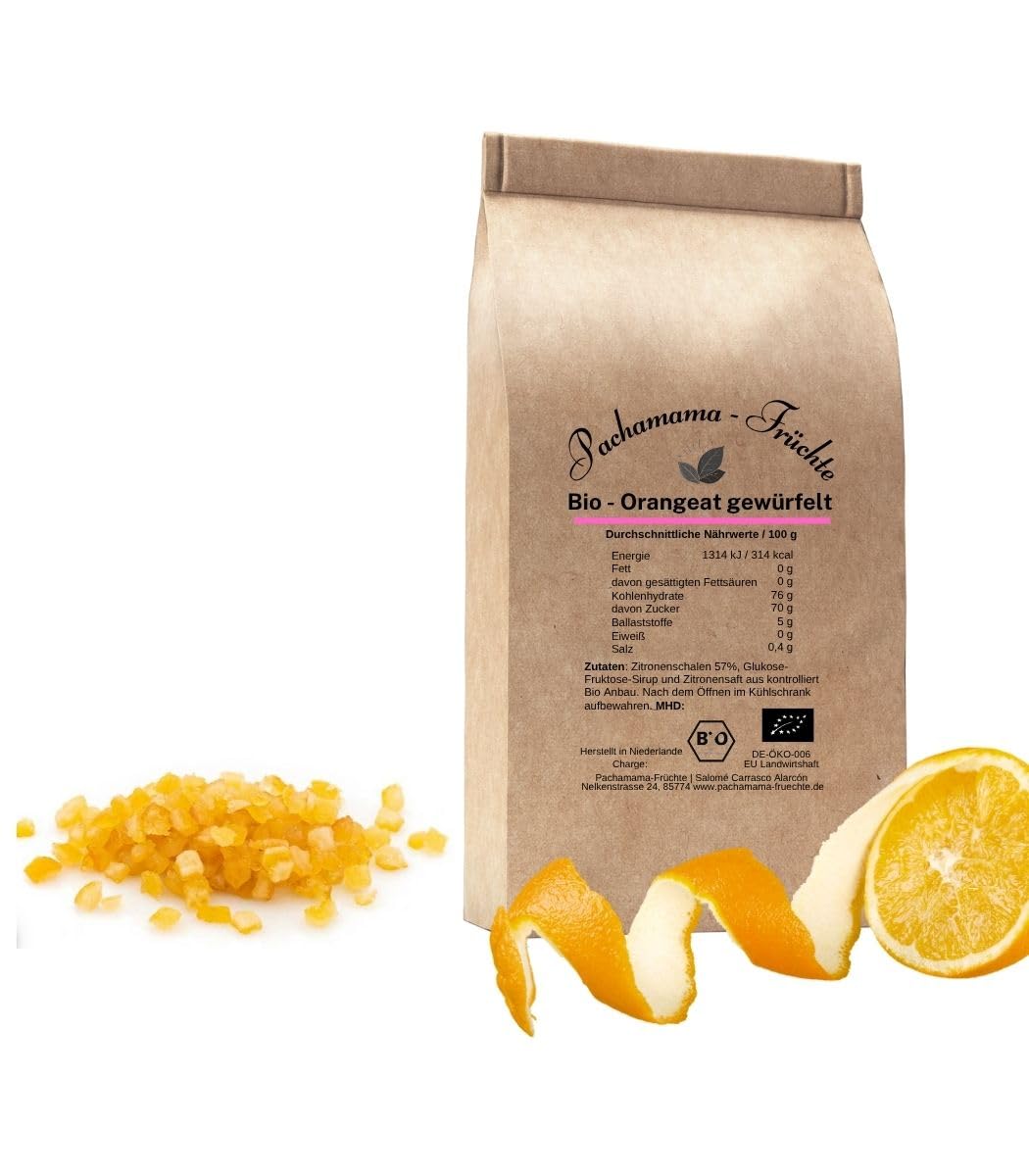 1 Kg Bio Orangeat gewürfelt 6 mm – natürlich kandierte Orangenschalen mit Bio-Maissirup | 100% Bio & vegan | ohne Schwefel | ideal für Stollen, Früchtebrot & Panettone